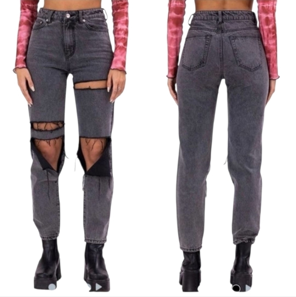 ADIKA Distressed Gray Wash High Waisted Straight Leg Jeans Grunge Cyber Goth